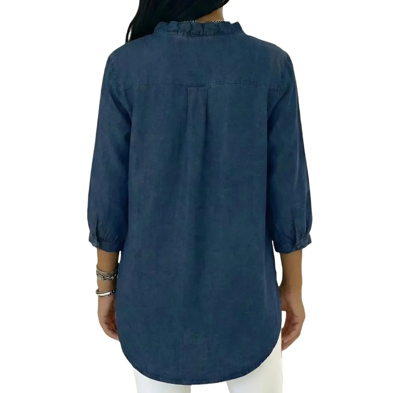 YesFashion Womens Denim Shirt Button Down 3/4 Sleeve Ruffled Edge Jean Blouses Tops