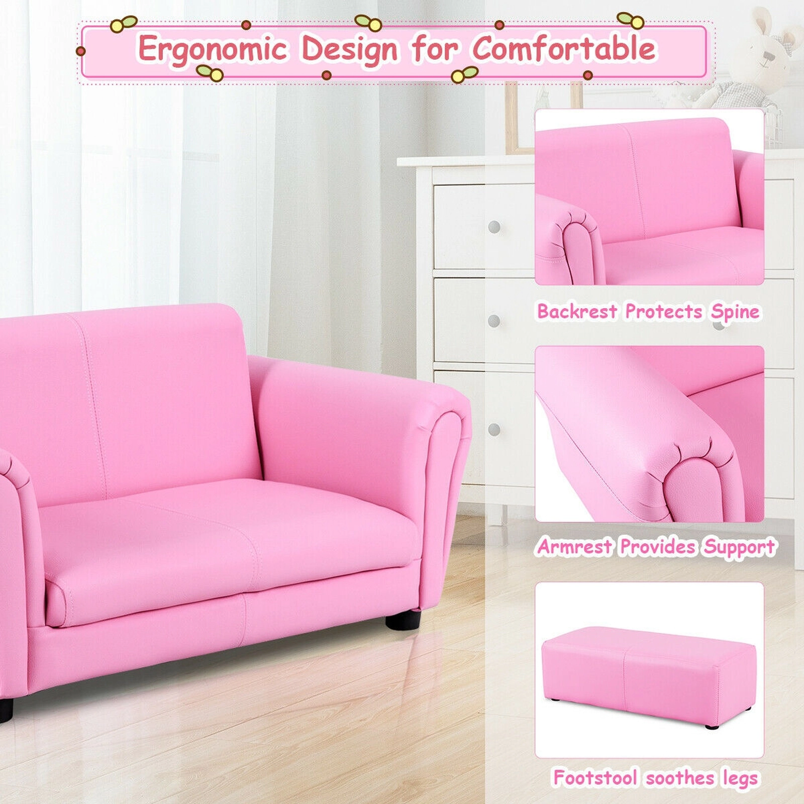 SUGIFT Kids Double Sofa Pink with Matching Ottoman and Wood Frame