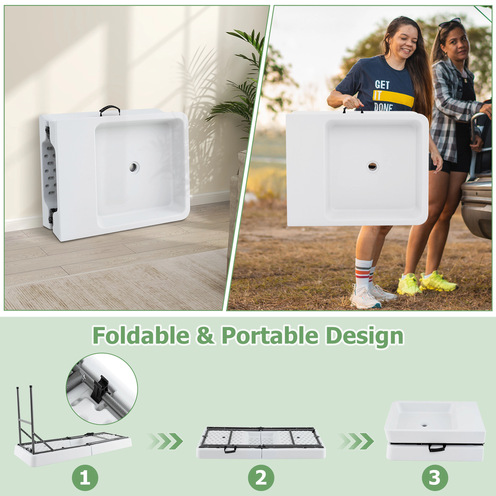 SUGIFT 5-Ft White Folding Ice Cooler Table with Double Sinks and Skirt 59-in W 24-in D 31-in H 110-lb Per Ice Bin