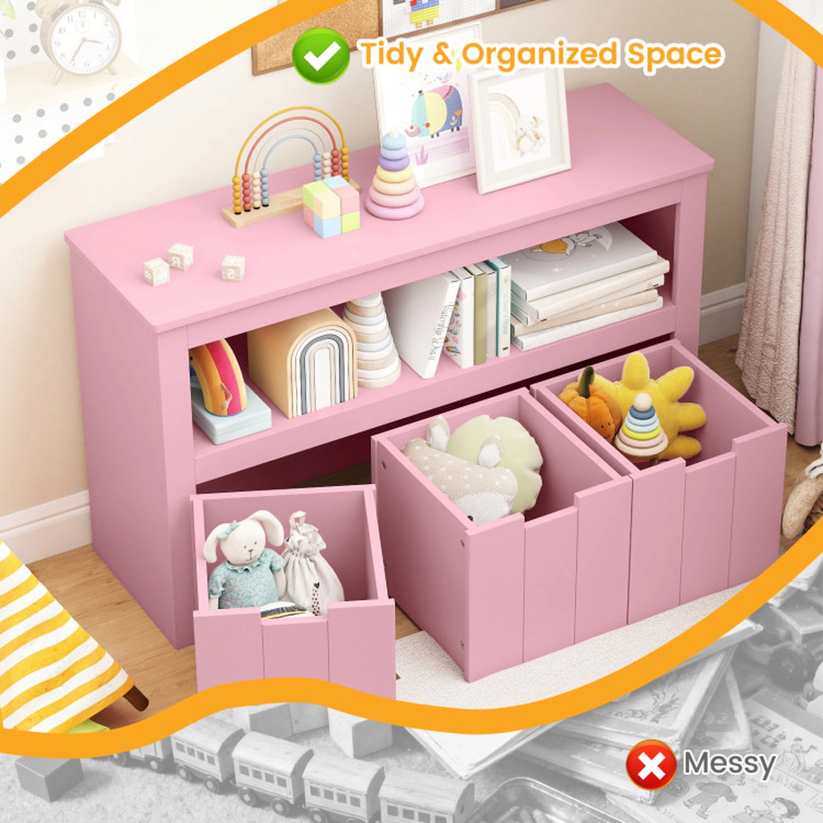 SUGIFT Kids 3 Slide-Out Drawers Wheels Open Shelf Toy Storage Cabinet 40-in x 13-in x 24.5-in 110-lb Capacity Pink