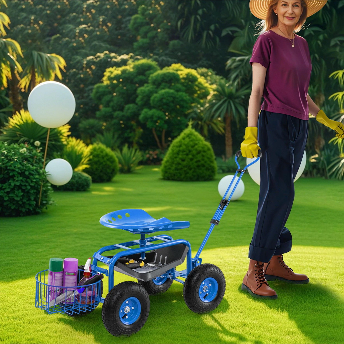 SUGIFT Blue 330-lb Capacity Heavy Duty Rolling Steel Garden Cart Seat with 360 Swivel Stool and Tool Tray