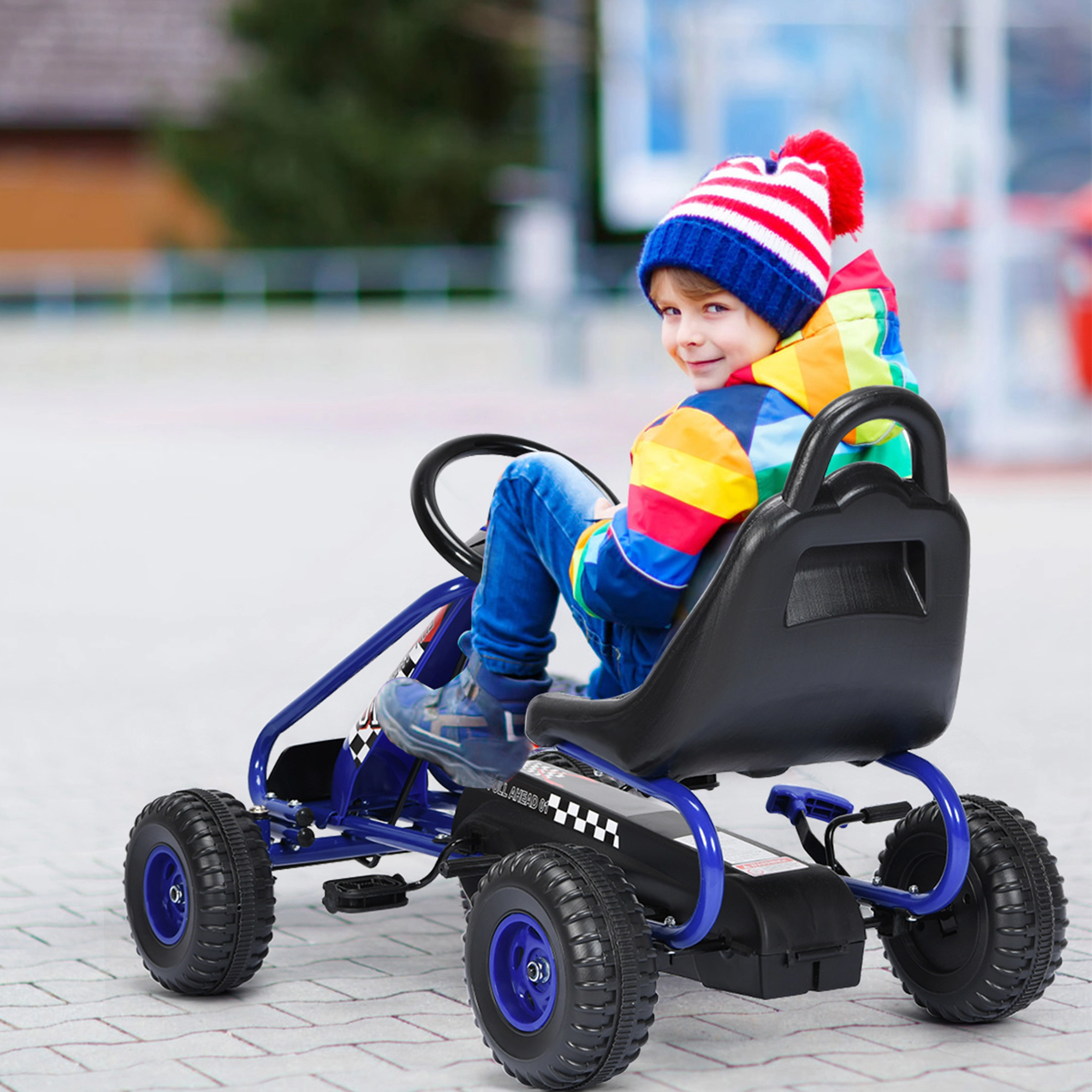 Costway Kids Pedal Go Kart 4 Wheel Ride On Toys w/ Adjustable Seat & Handbrake Red