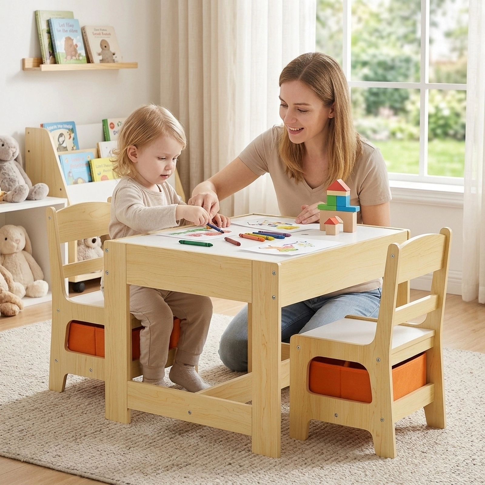 SUGIFT Kids Table and Chair Set, Reversible Blackboard and Whiteboard Top, 2 Drawers, Storage Box, Natural