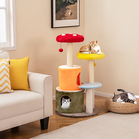 Glintex 43-Inch Colorful Mushroom Cat Tree with 2 Condos and 2 Padded Platforms, Multicolor