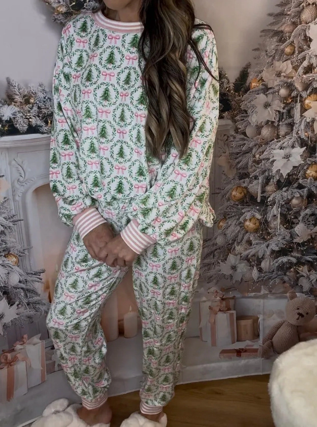 KOJOOIN Women Christmas Pajamas Set  2 Piece Long Sleeve Sleepwear Tree Bow Print Loungewear