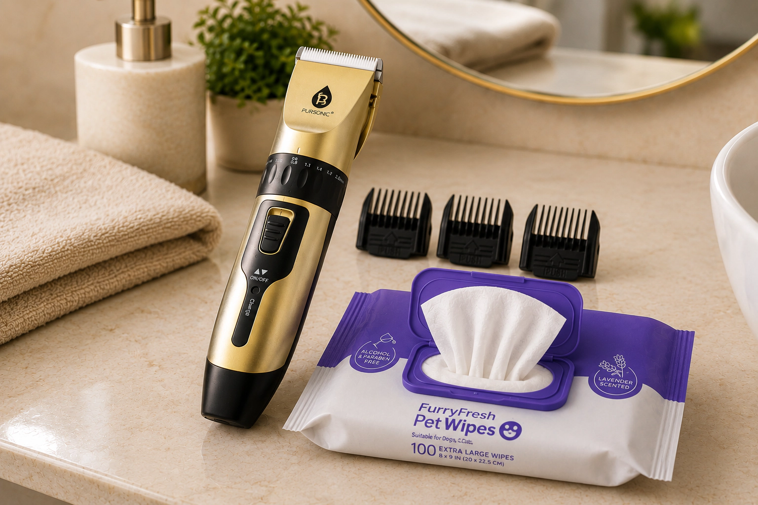 Pursonic Pet Care Bundle: Lavender Pet Wipes & Rechargeable Pet Hair Trimmer Grooming Kit for Dogs & Cats