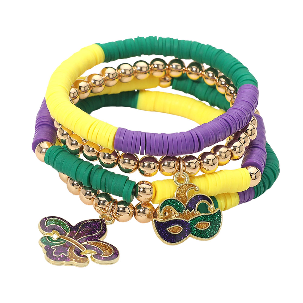 FASHNZFAB 4PCS - Mardi Gras Fleur de Lis Eye Mask Charm Heishi Beaded Stretch Multi Layered Bracelets