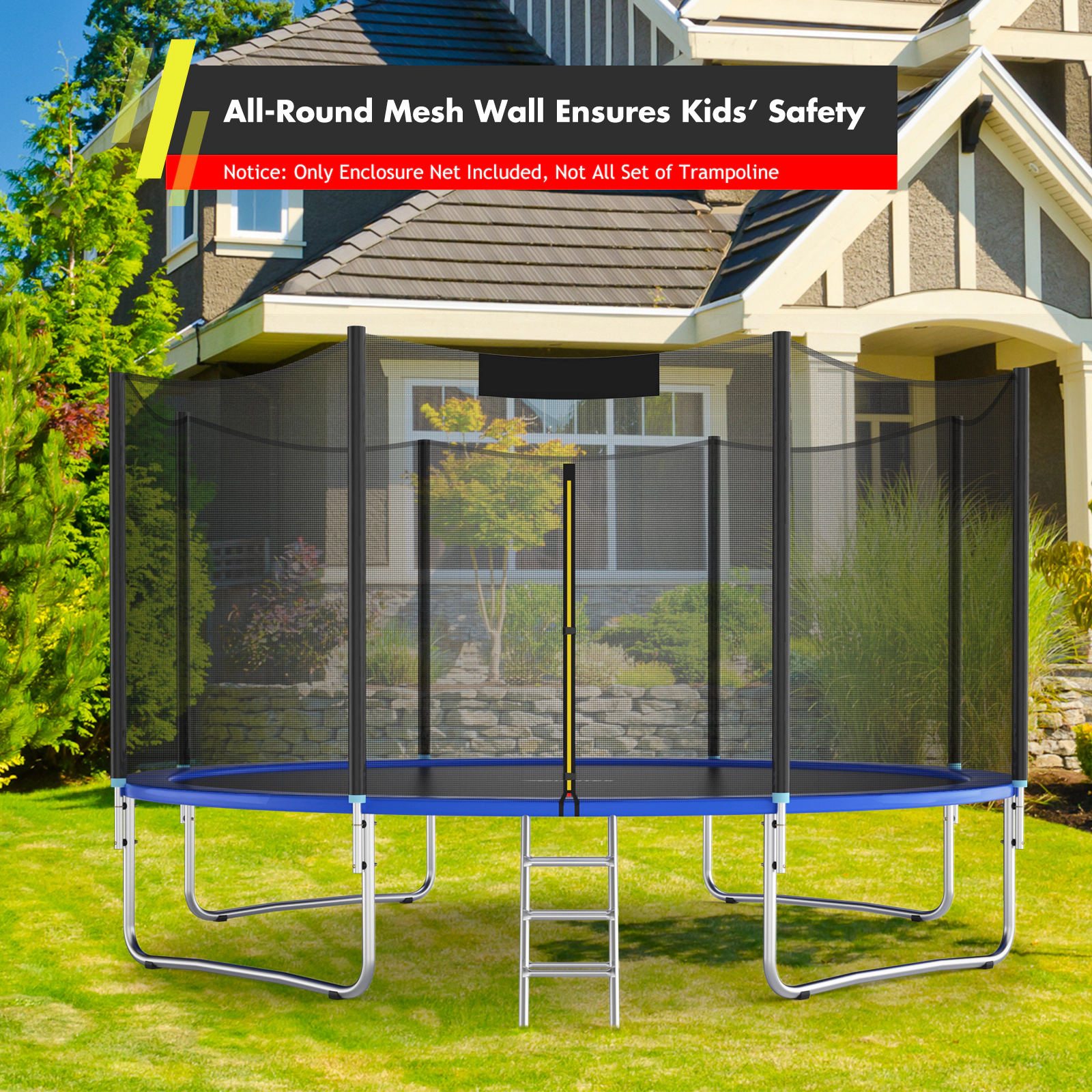 Trampoline Net Replacement 12-ft 14-ft Round Trampolines 8 Straight Poles 6-ft PE Safety Enclosure Net Door Black