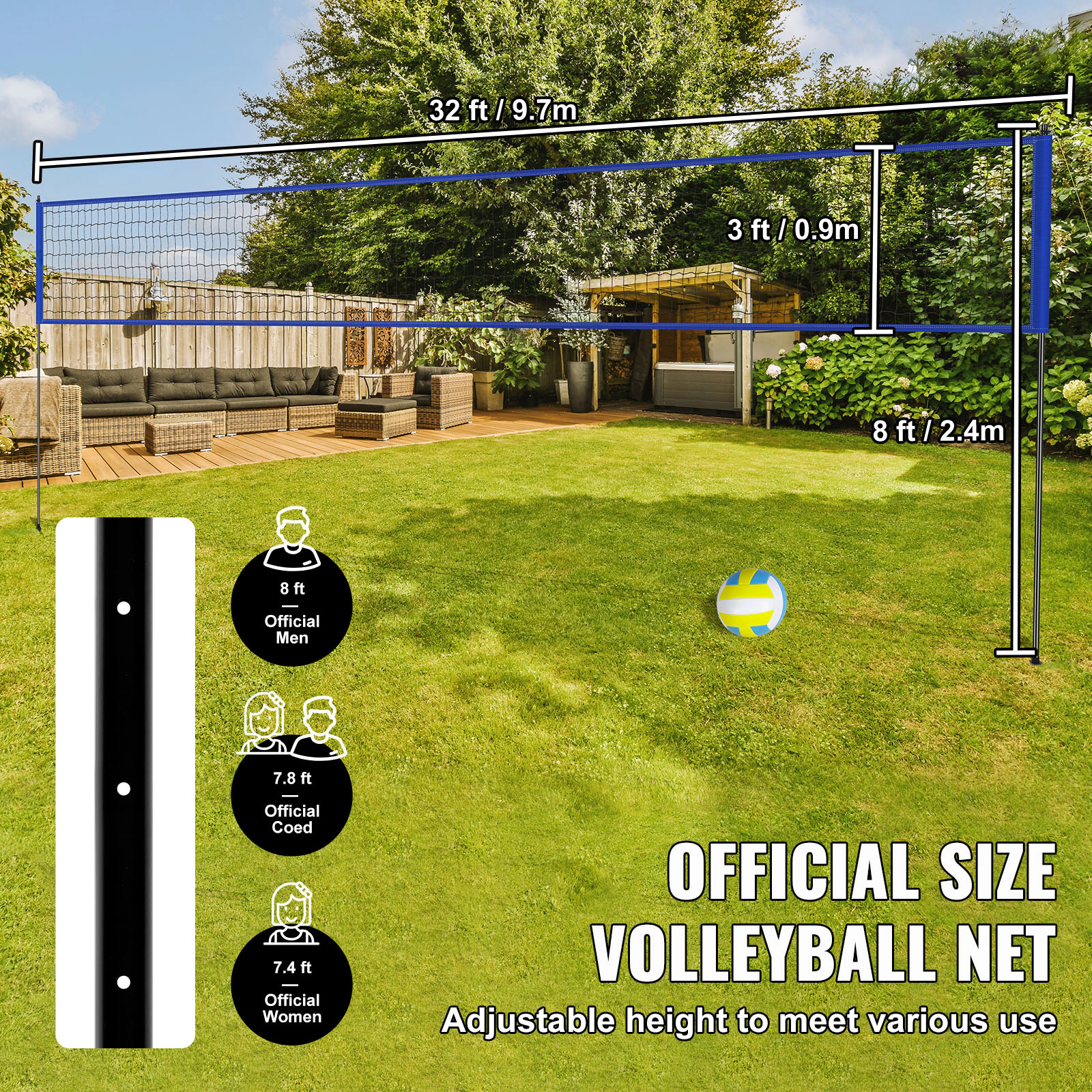 HONGGE Outdoor Portable Volleyball Net Set, Steel Poles, Adjustable 7.4-8 ft Official Height, with Ball, Pump & Bag
