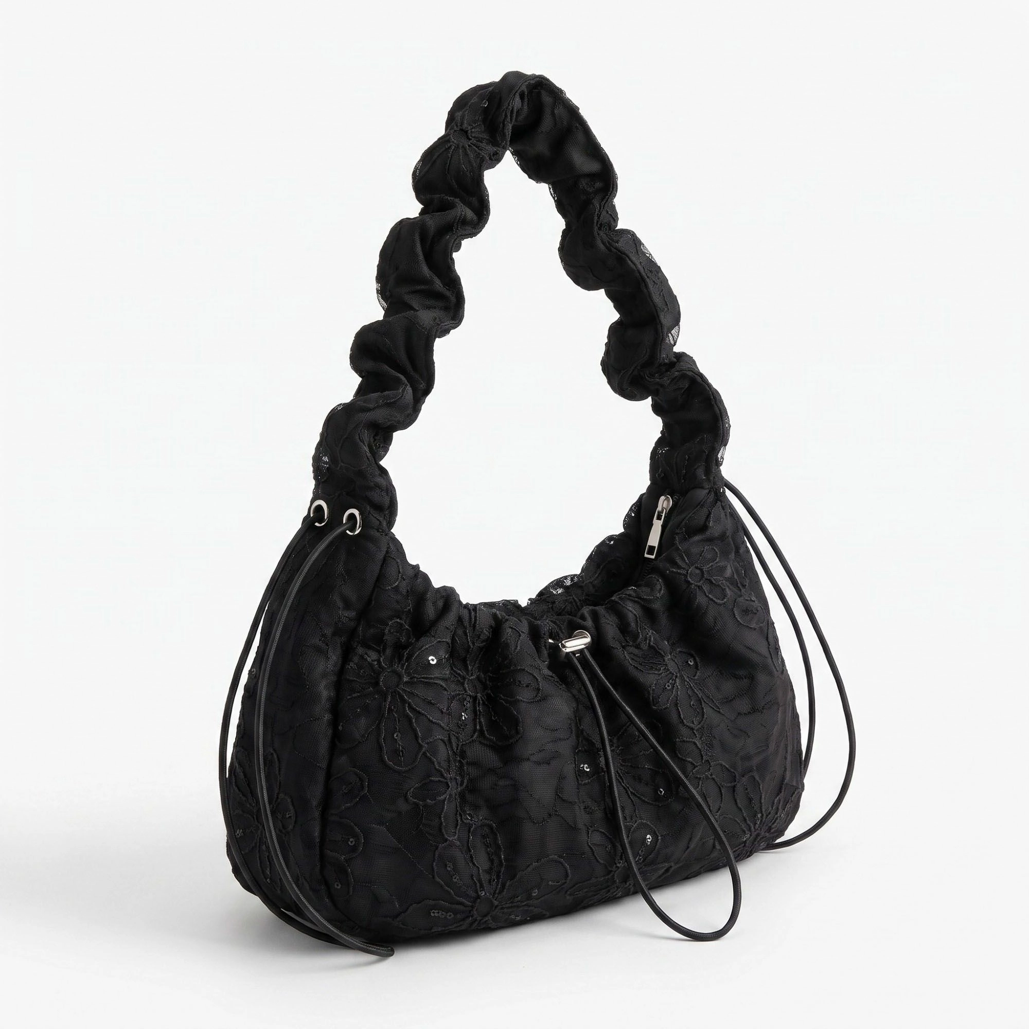 Alilang Women's Floral Embroidered Ruched Shoulder Bag with Drawstring Closure 11x8.3x3in
