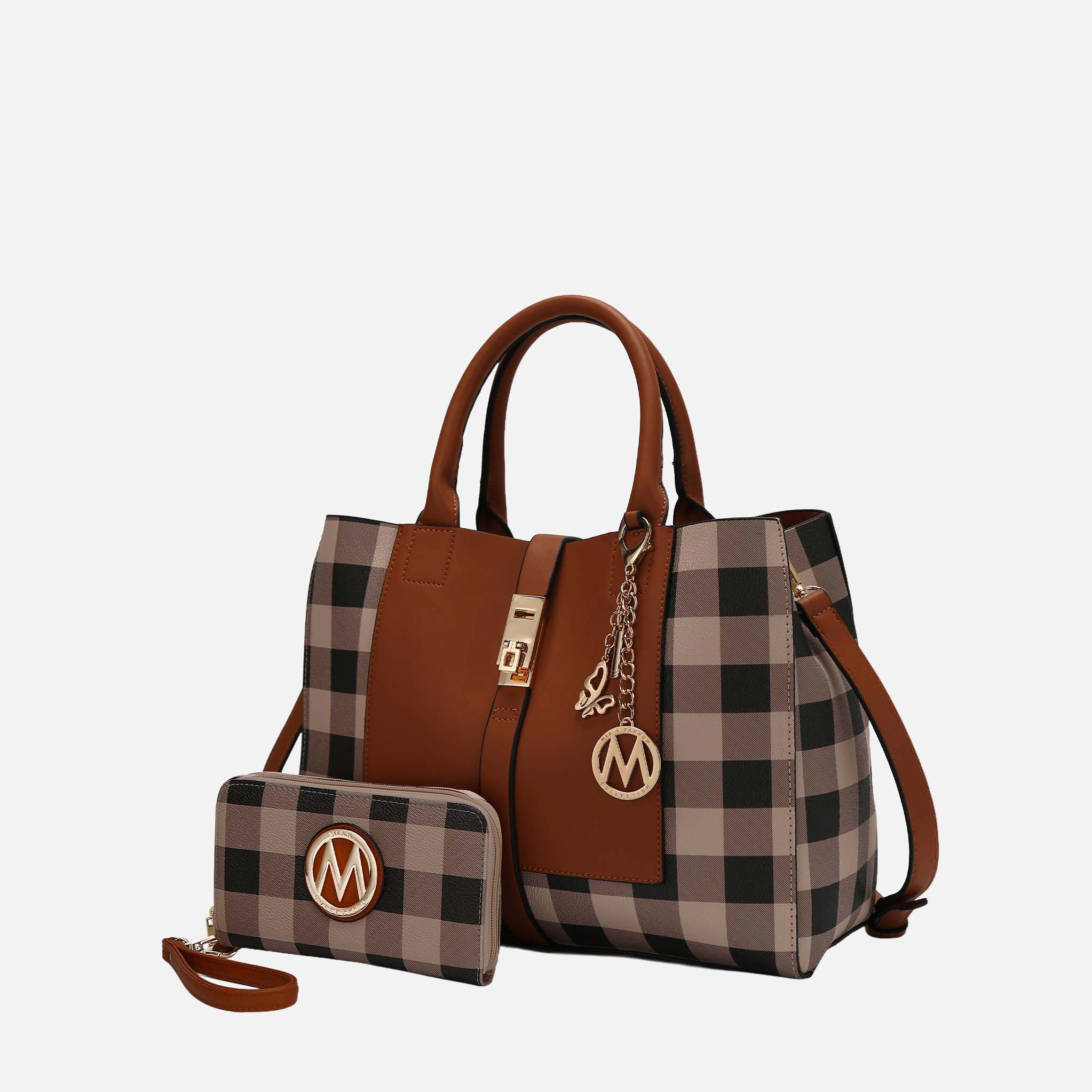 MKF Collection Yuliana Checkered Vegan Leather Satchel with Matching Wallet, Cognac Brown
