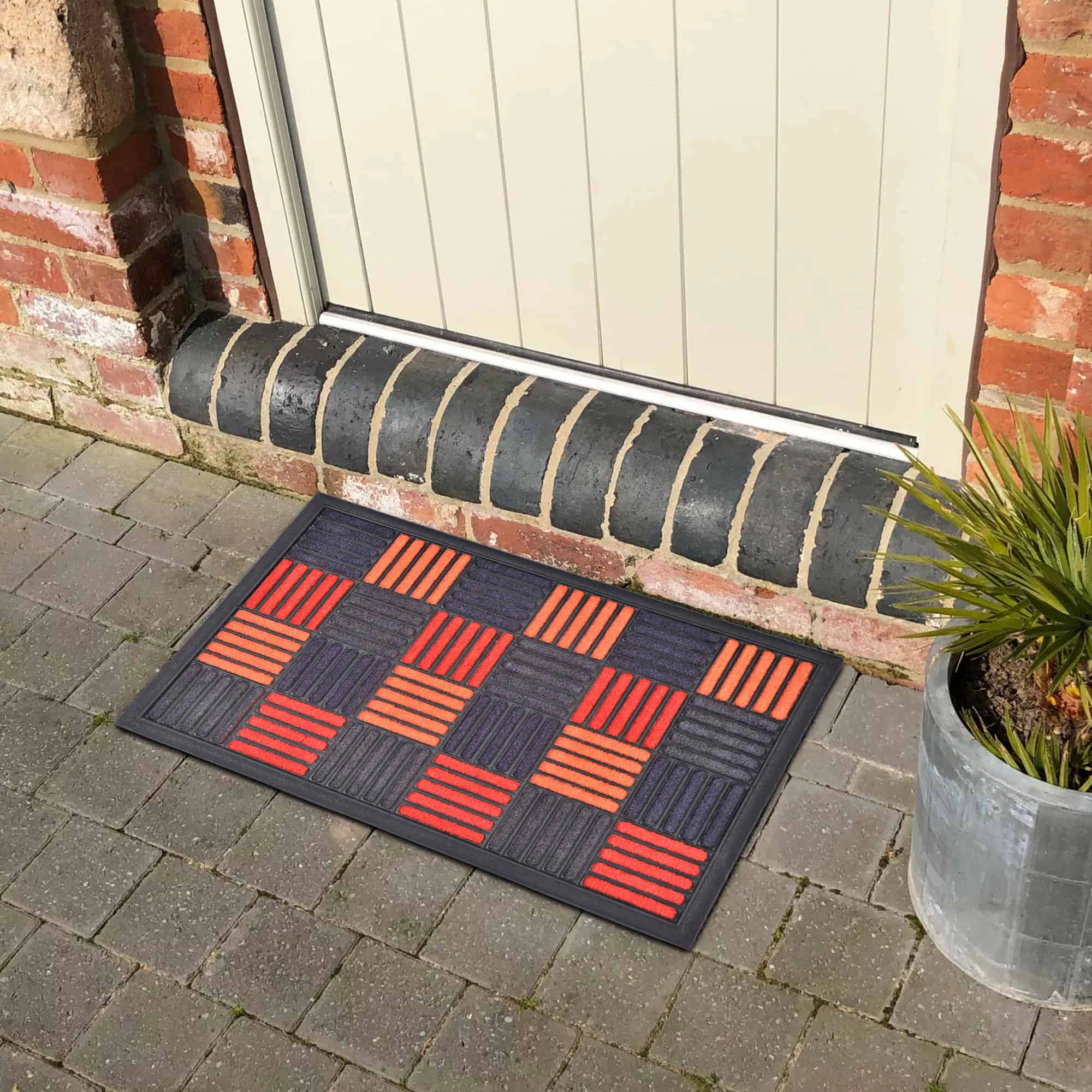 Evideco French Home Goods Orange Red Gray Caroll Checkered Nylon Doormat 24 x 16 Inches
