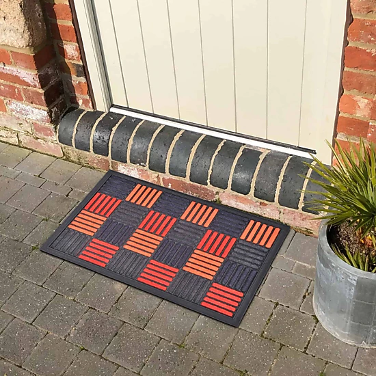 Evideco French Home Goods Orange Red Gray Caroll Checkered Nylon Doormat 24 x 16 Inches