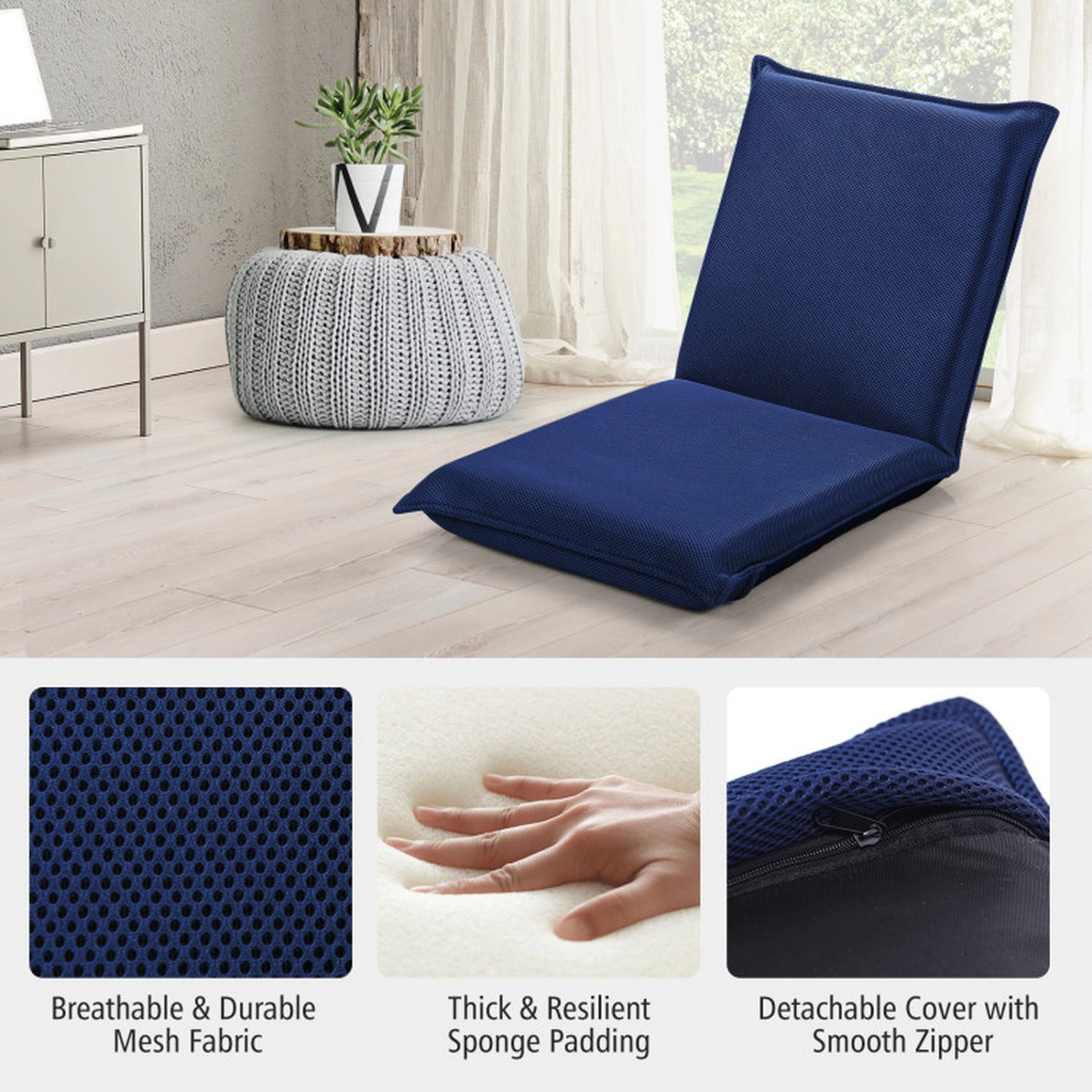 SUGIFT Adjustable 6-Position Folding Floor Chair 287-Lb Capacity Navy