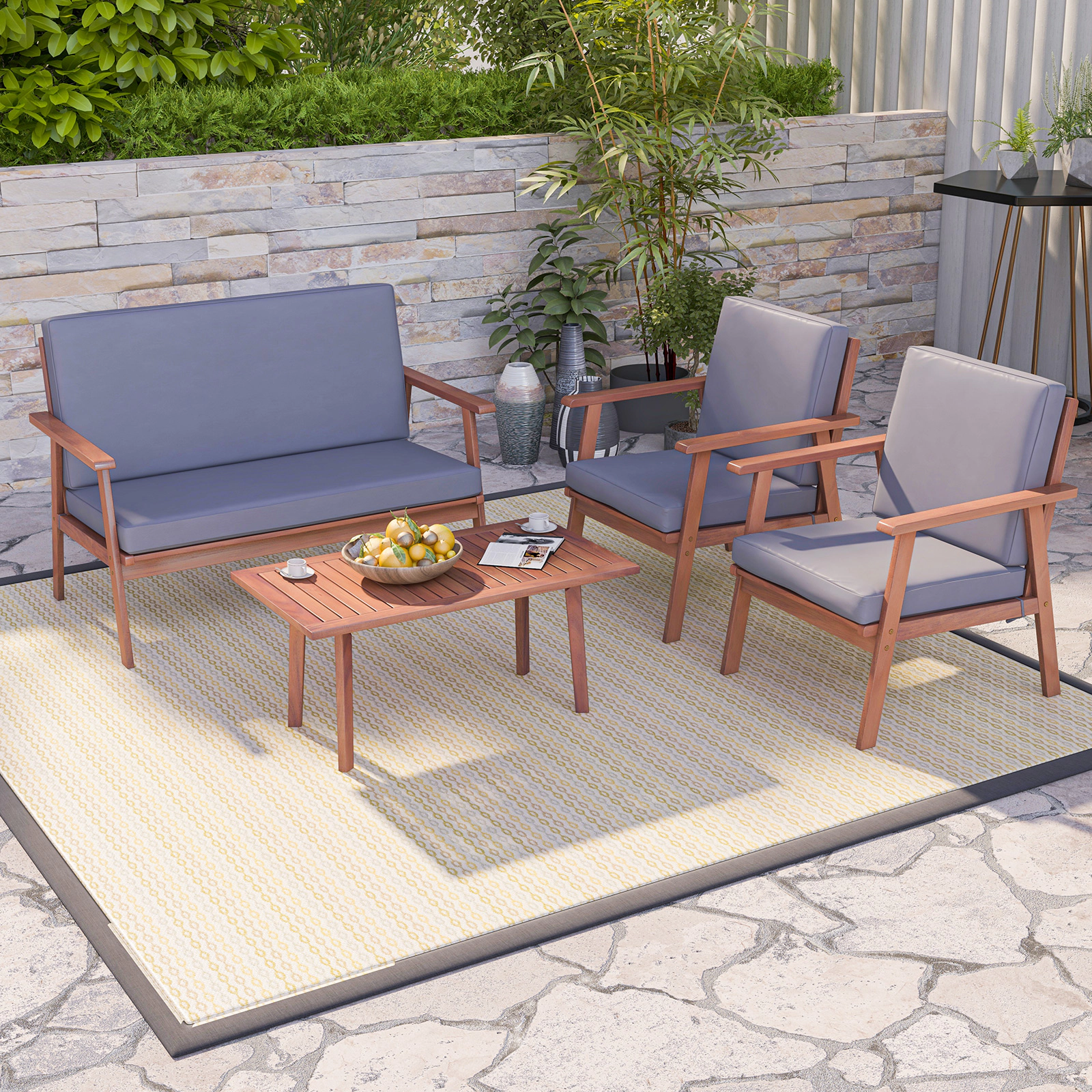LJG 4 Piece Outdoor Acacia Wood Conversation Set with Soft Seat and Back Cushions