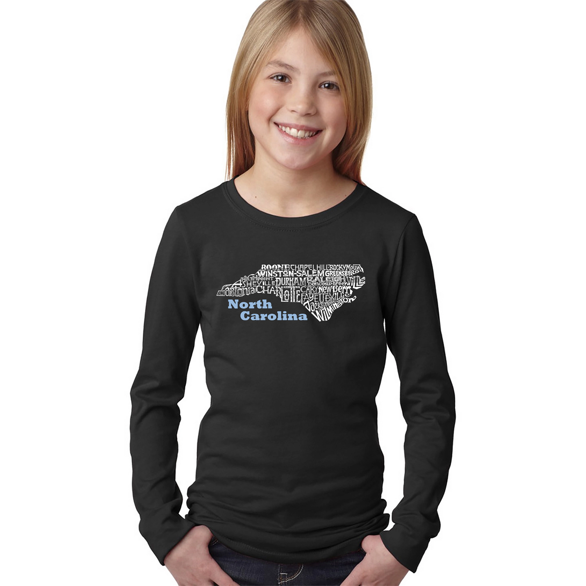 LA Pop Art Girls Long Sleeve Word T-Shirt - North Carolina