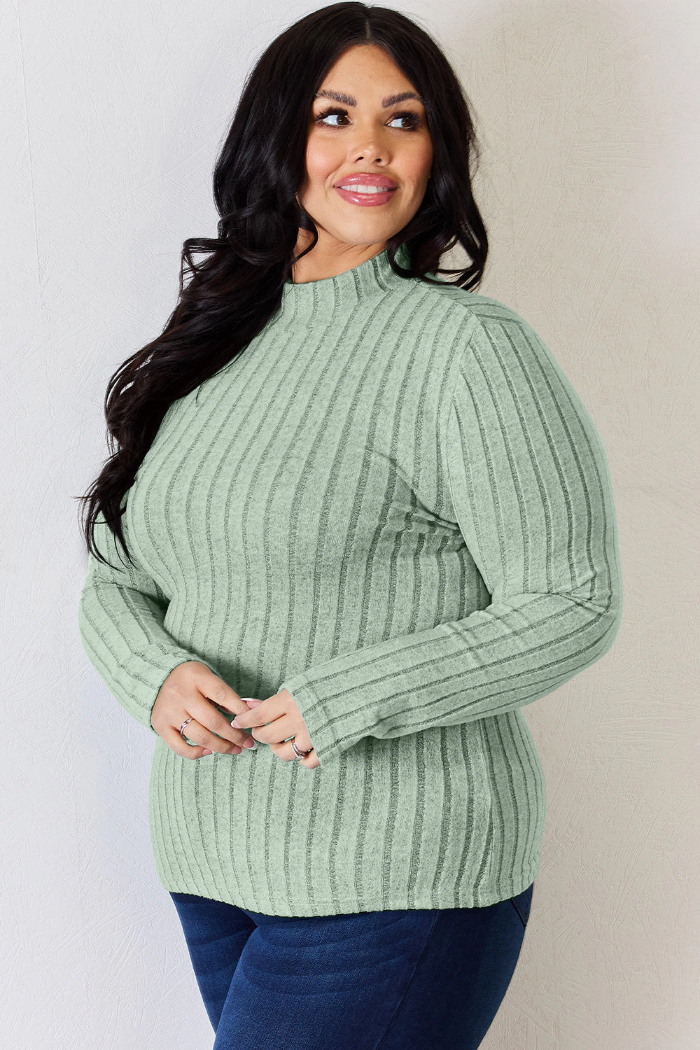 TRUEDAMES Women Basic Bae Full Size Ribbed Mock Neck Long Sleeve T-Shirt