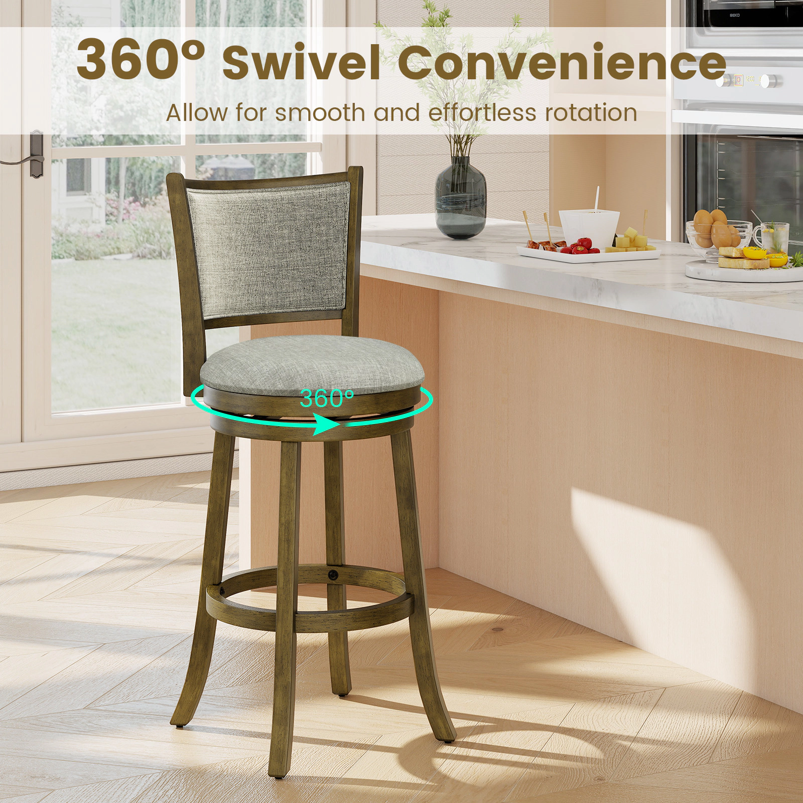 SUGIFT Soft-Padded Swivel Bar Stools Set of 2 with Curved Back and Footrest 350-lb Capacity 21 x 19 x 44.5 in Gray