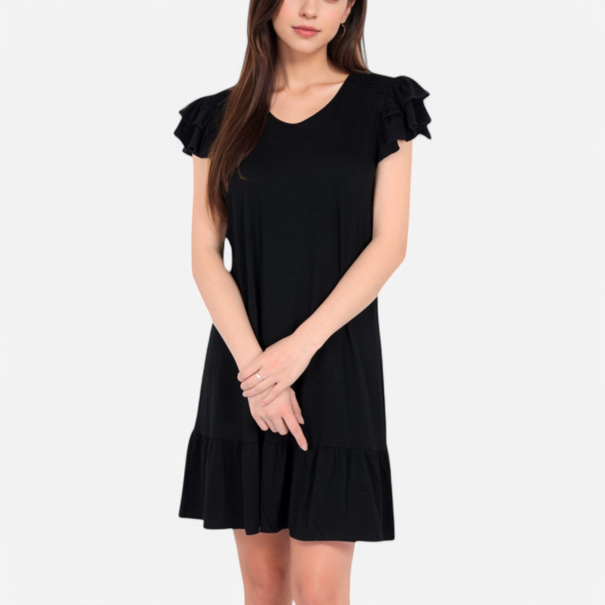 Anna-Kaci Women's Ruffle Sleeve V Neck Tiered Hem Casual Fit Dress