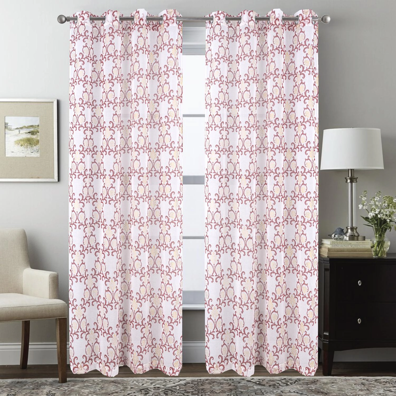 RT Designers Crown Metallic Sheer Printed Doily Grommet Curtain Panel Pair 36 x 84 Burgundy