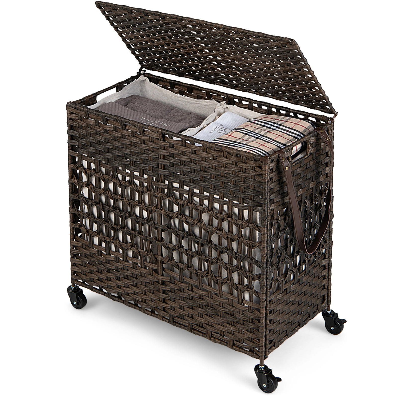 SUGIFT 110L 2-Section Laundry Hamper 2 Removable Washable Liner Bags 66-lb Capacity 25.5-in Tall Brown/Black/Natural