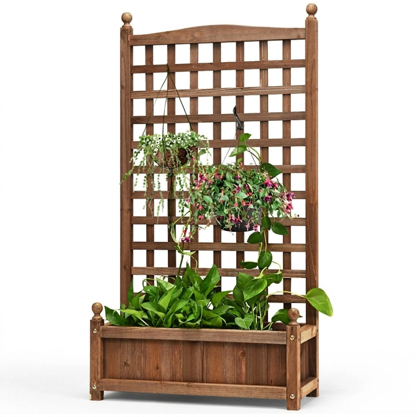 SUGIFT 48-in Tall Dark Brown Fir Wood Free Standing Planter Box with Climbing Trellis and Drain Hole