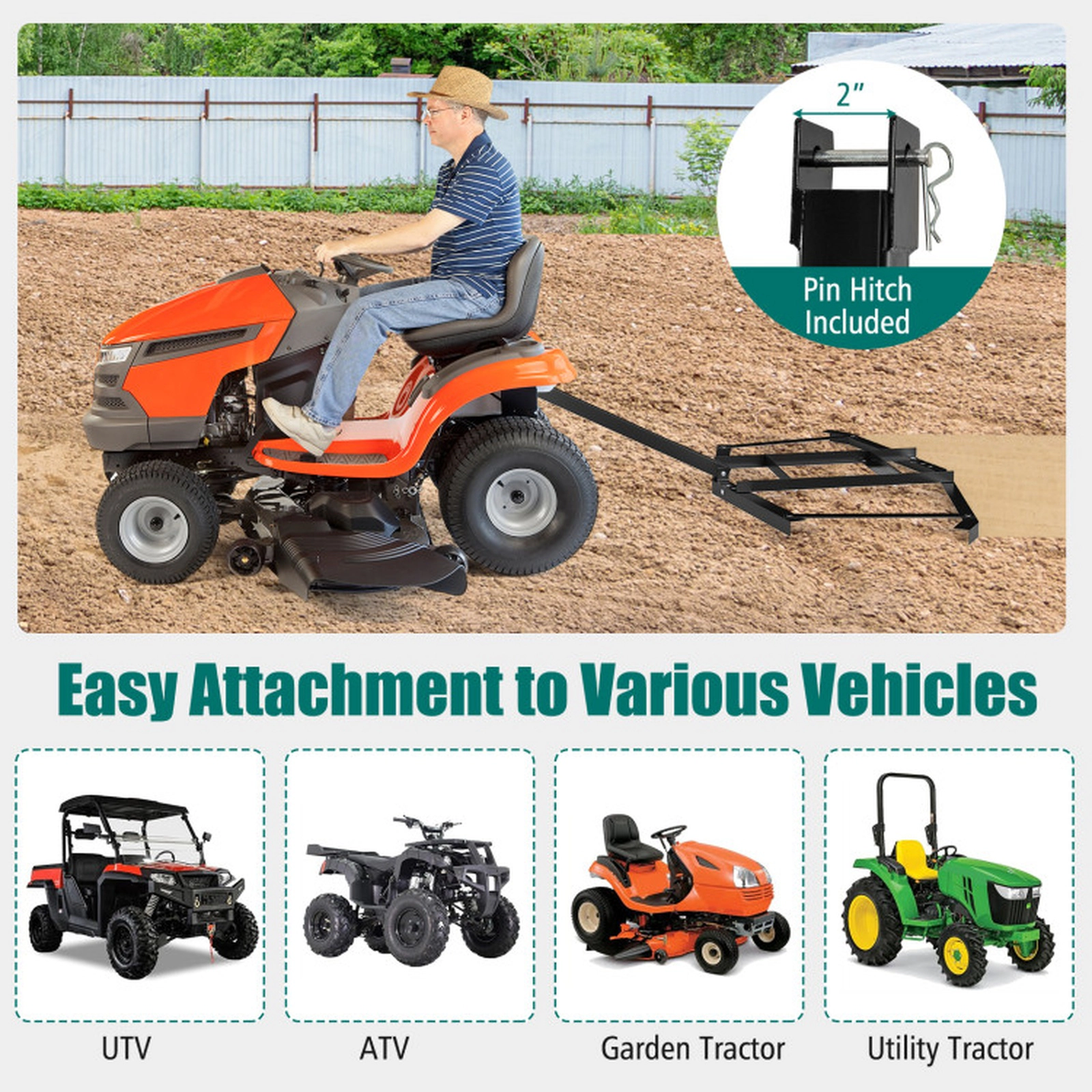 SUGIFT 66-in Wide Tow-Behind Driveway Drag Landscape Leveling Rake 80-lb Brick Capacity 43-lb Metal Frame Black 1-Pc
