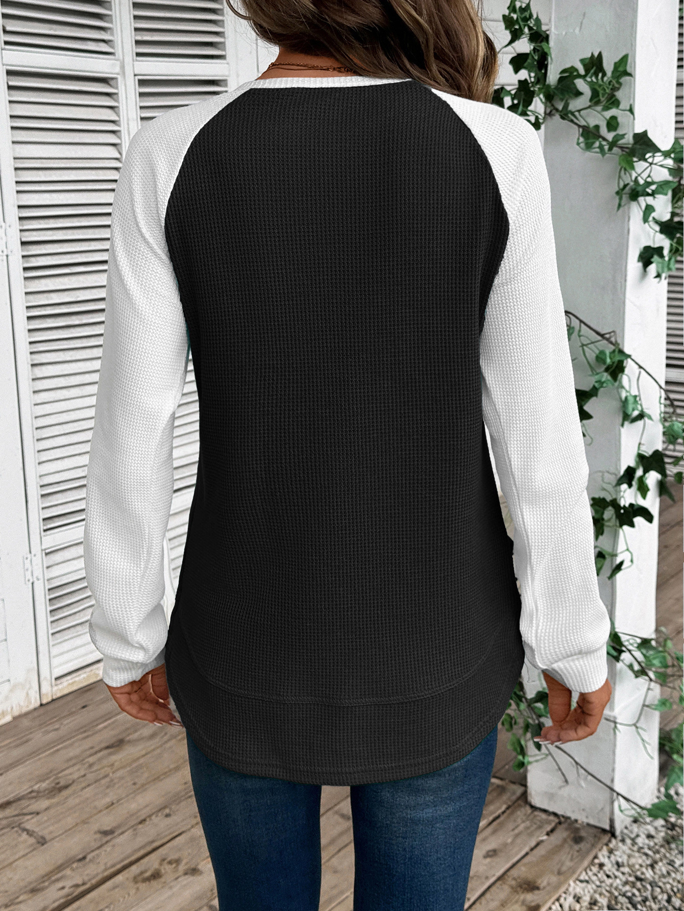 Premium Charms Women Fall Waffle Knit Color Block Raglan Sleeve Tops