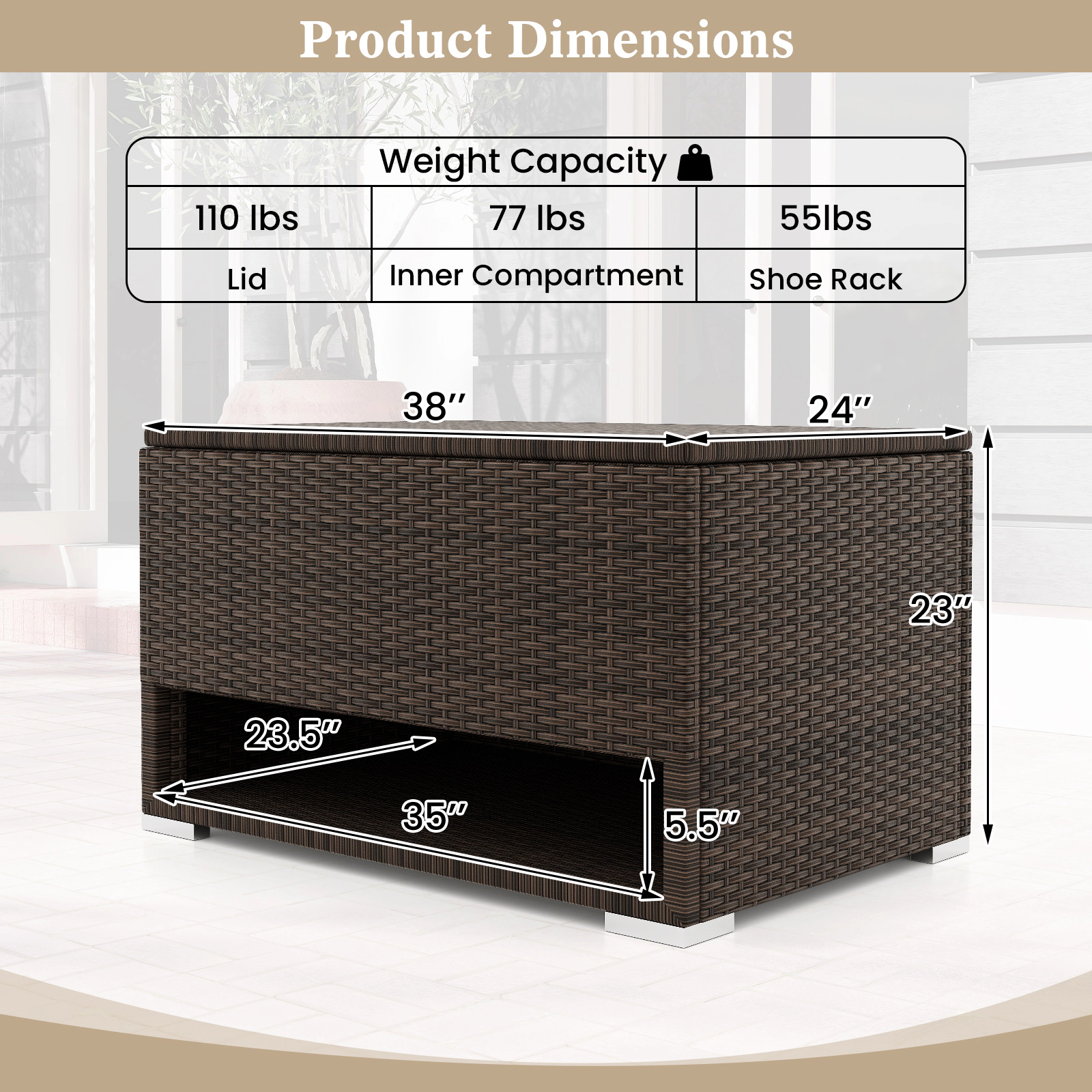 SUGIFT PE Rattan Outdoor Storage Box with Waterproof Liner 48-Gallon 38-in Wide 110-lb Lid Capacity Mix Brown 1-Piece