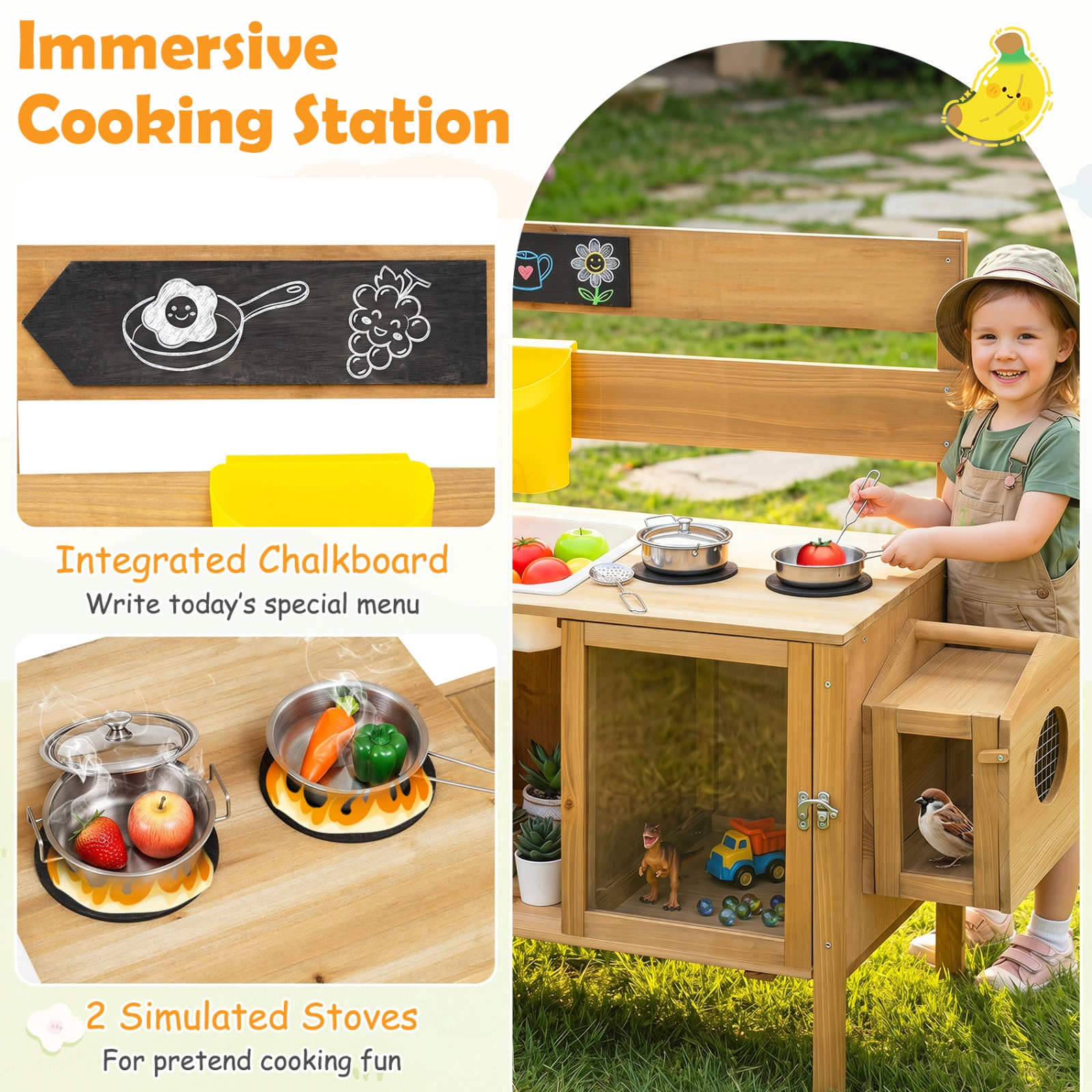 SUGIFT Fir Wood Mud Kitchen for Kids with Detachable Bird Cage, Stoves and Planter Box Ages 3+ Natural