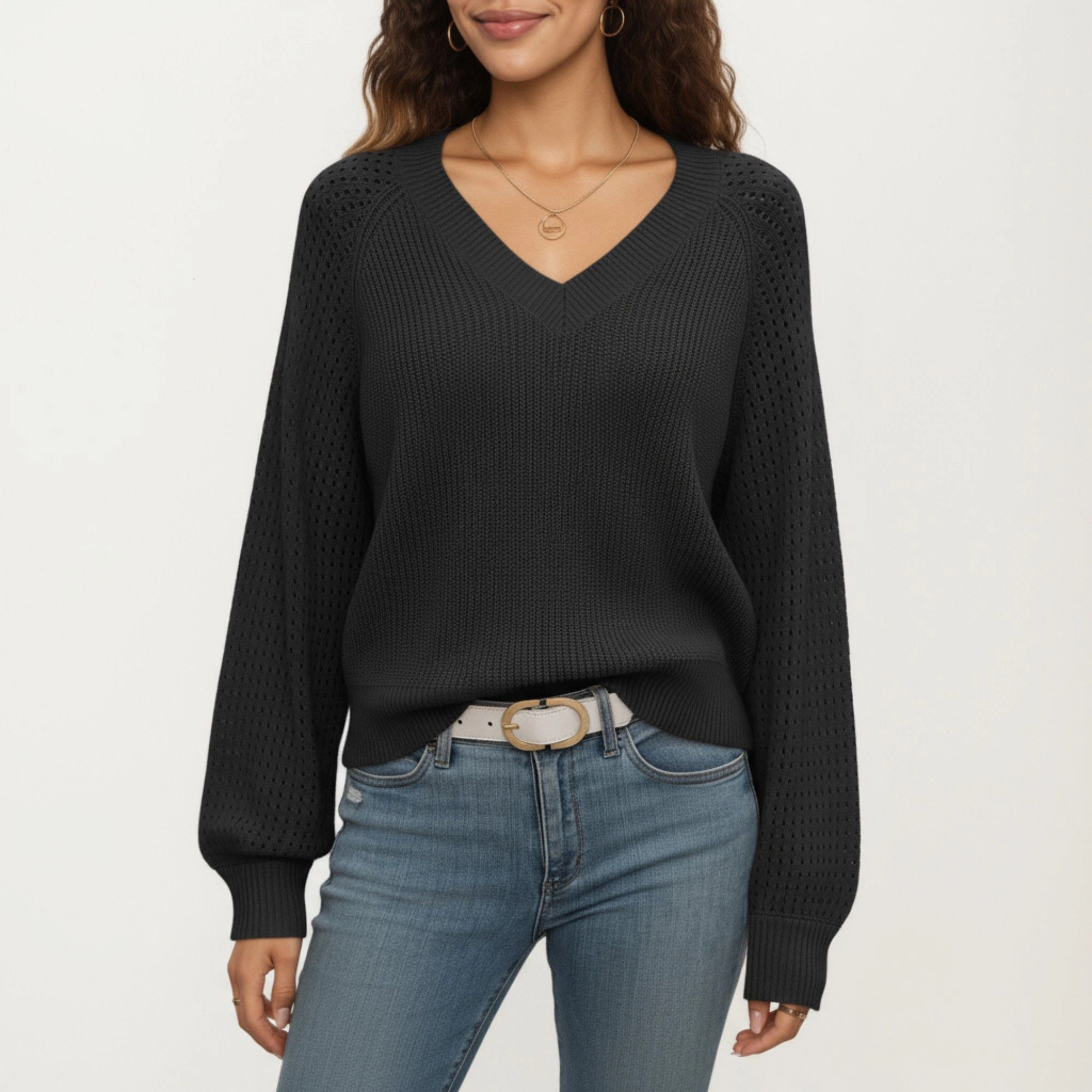 Anna-Kaci Women's Pointelle Sleeve Off Shoulder Relaxed Fit Knit Sweater