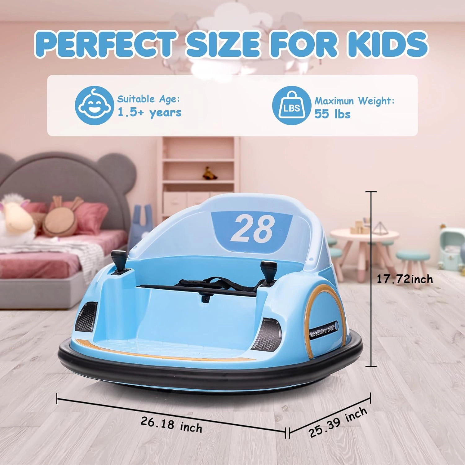 12V Kids Electric Bumper Car with Remote Control, 360 Degree Spin, LED Lights,Music & Battery Display, Dual 30W Motors
