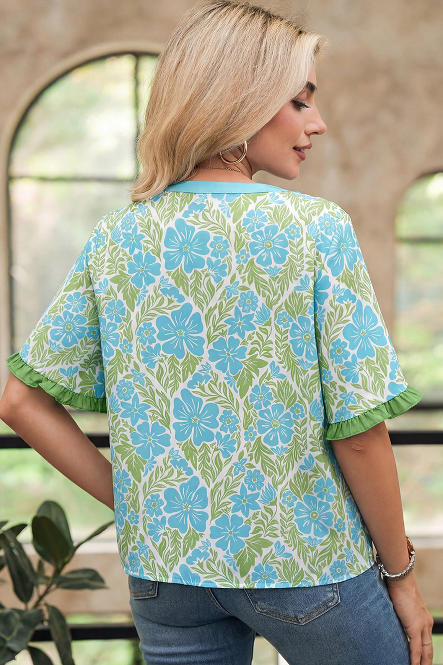 Threaded Pear Waverly Trim Half Sleeve Blouse