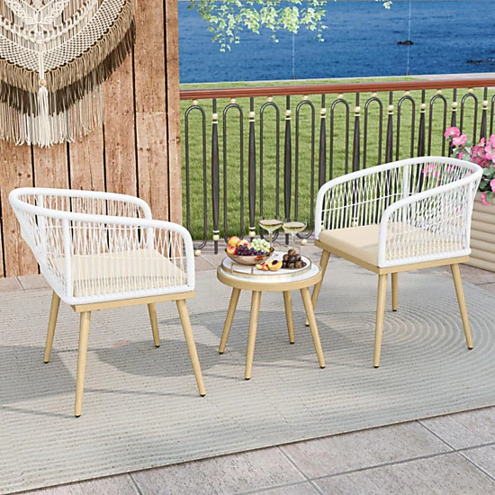 Hivvago 3 Pieces Outdoor Bistro Pe Wicker Conversation Furniture Set-White