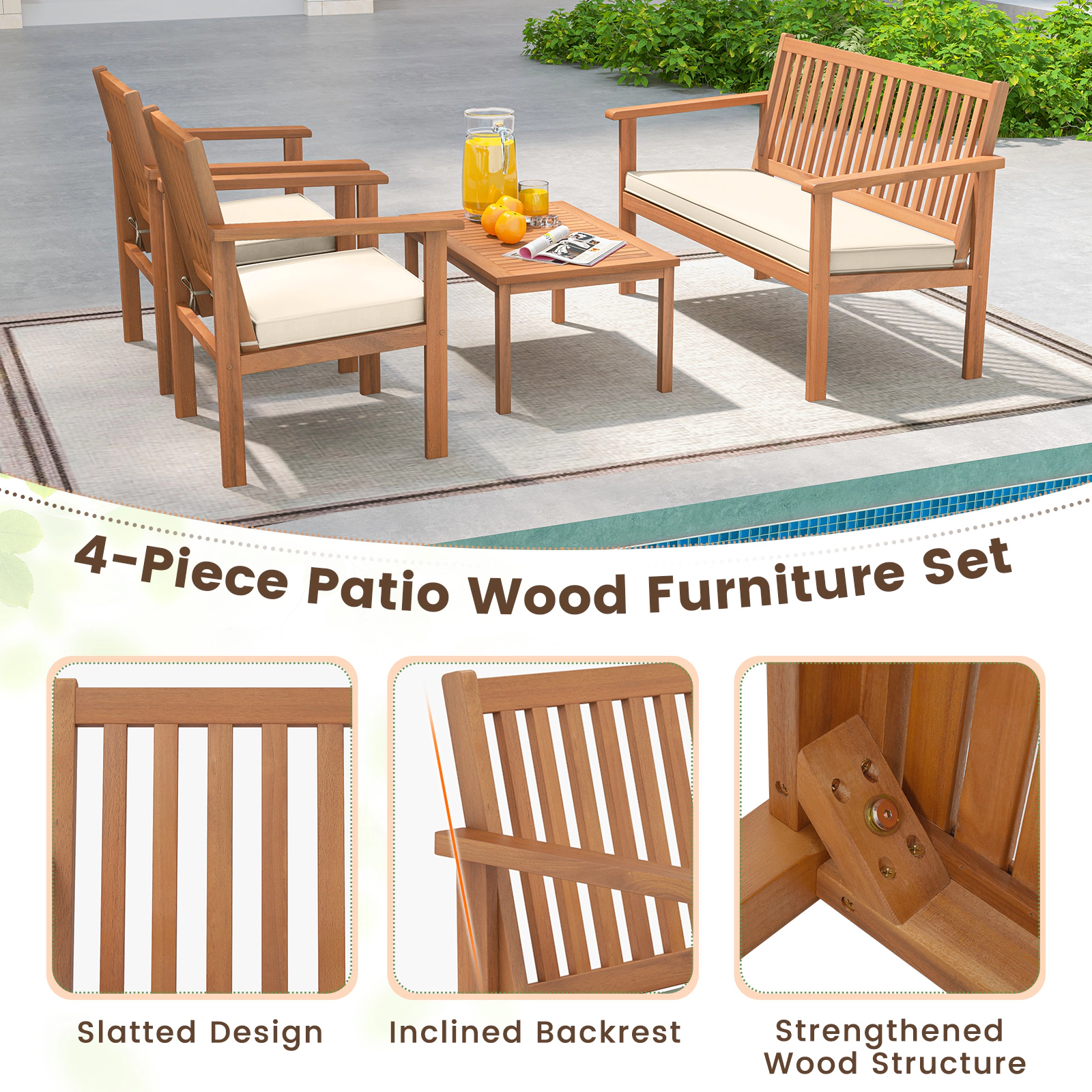 SUGIFT 4 Piece Acacia Wood Patio Conversation Set Loveseat 800-lb Capacity 47.5 x 24 x 31 in Loveseat Off White Cushions