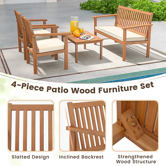 SUGIFT 4 Piece Acacia Wood Patio Conversation Set Loveseat 800-lb Capacity 47.5 x 24 x 31 in Loveseat Off White Cushions
