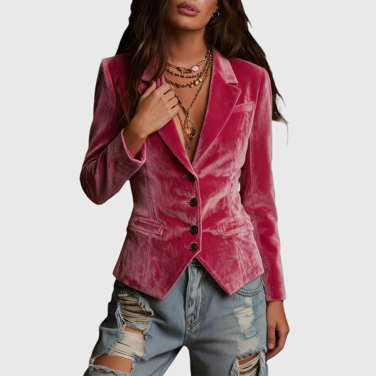 YesFashion Women's Velvet Blazer Casual Notched Lapel Single Breasted Work Suit Jacket