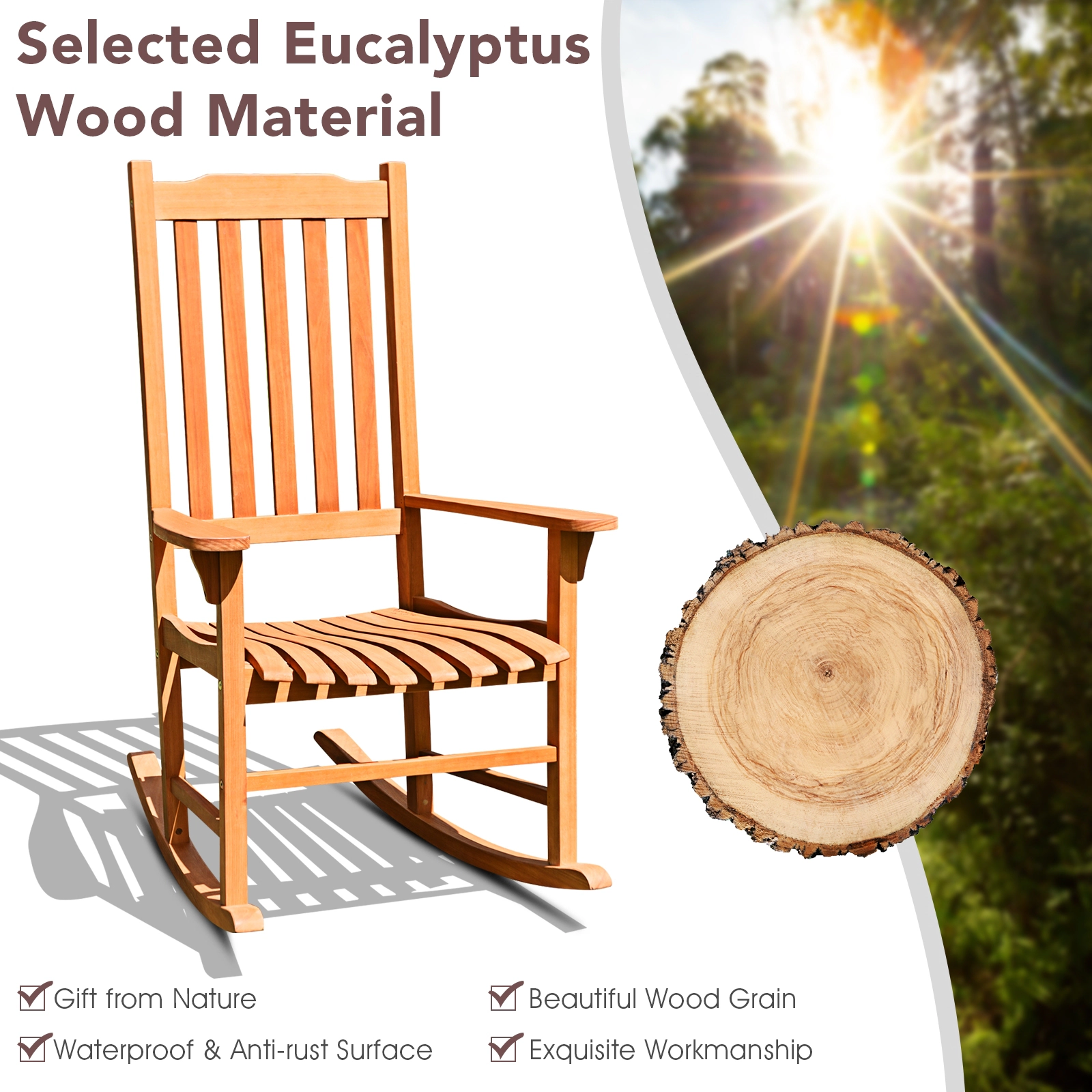 SUGIFT Eucalyptus Wood Slatted High Back Outdoor Patio Rocking Chair 33-in x 28.5-in x 45-in 350-lb Capacity Natural