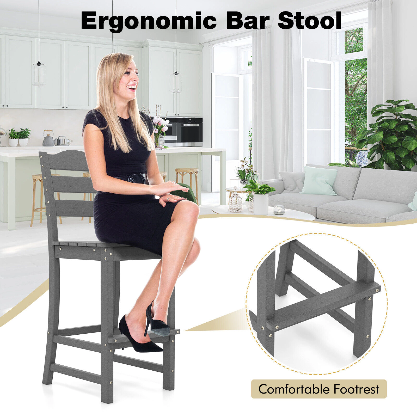 SUGIFT Gray 30-Inch Counter-Height Outdoor Bar Stool, 360-Lb Capacity