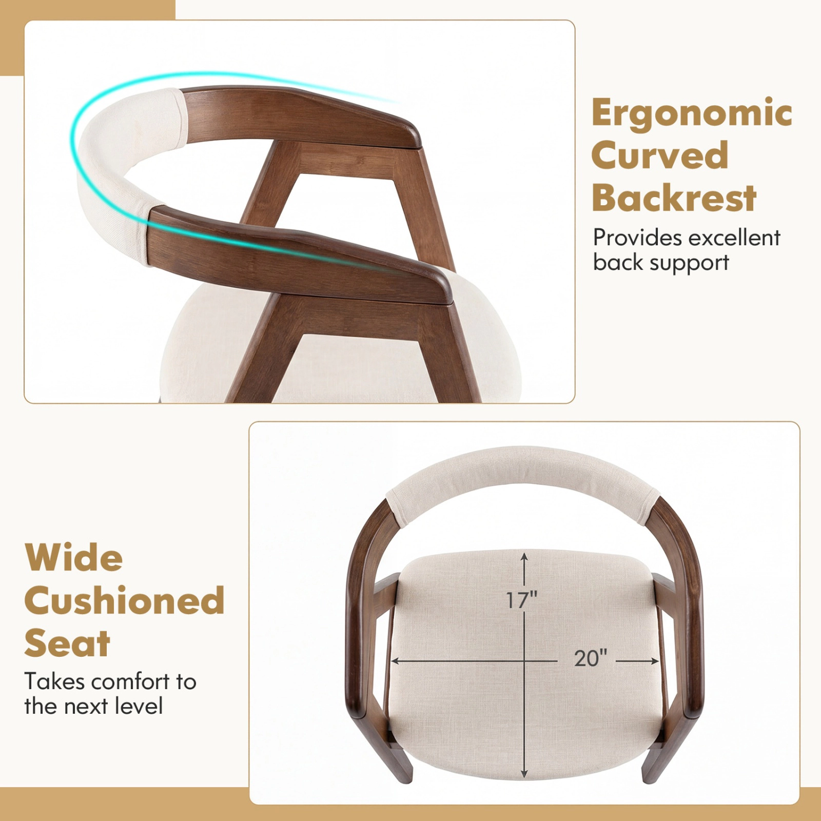 SUGIFT Natural Bamboo Upholstered Dining Chair with Curved Back 286-lb Capacity 22.5-in Wide Seat Burlywood