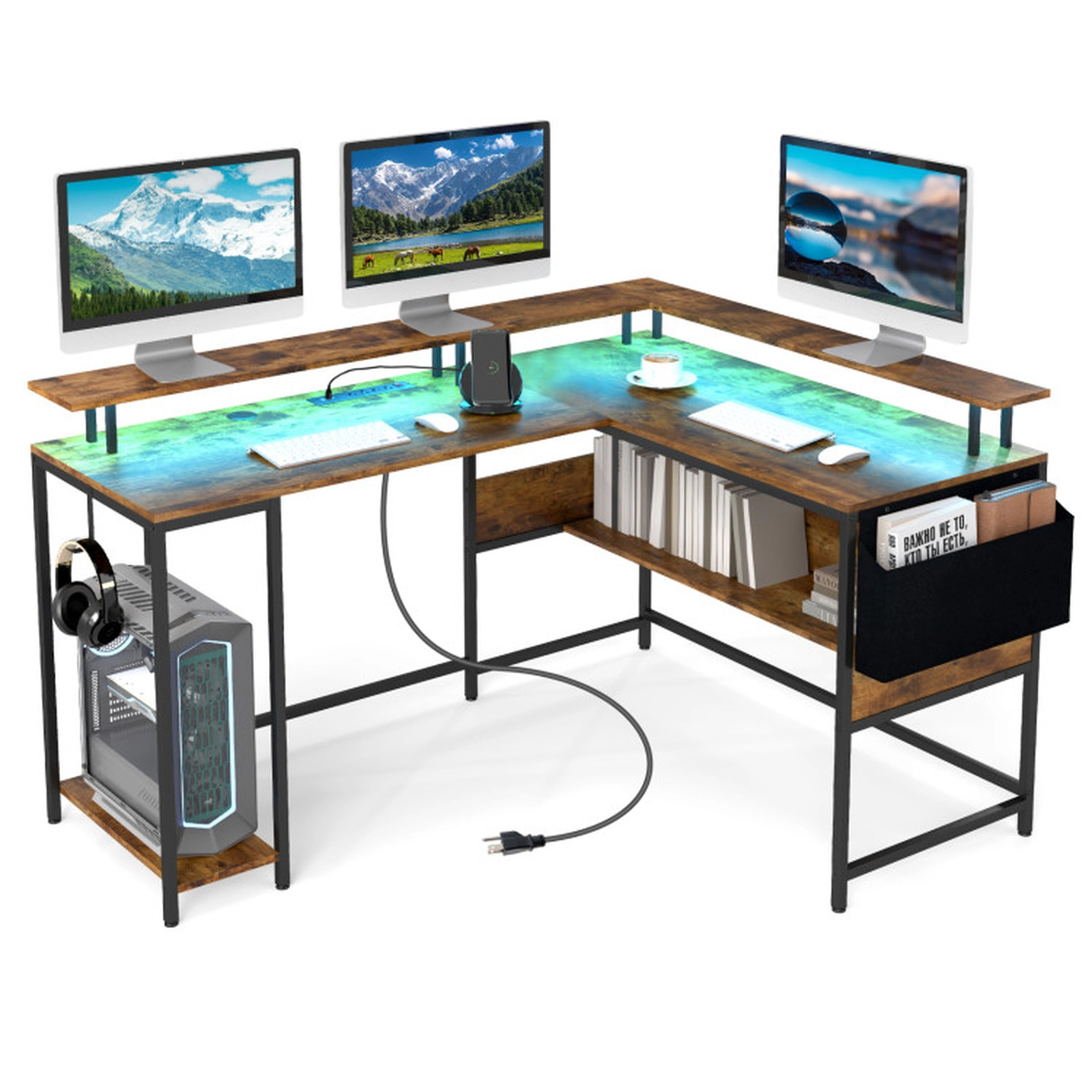 SUGIFT L-Shaped Gaming Desk with LED Lights and Power Outlets 200-lb Tabletop Capacity Home Office Computer Desk Brown &