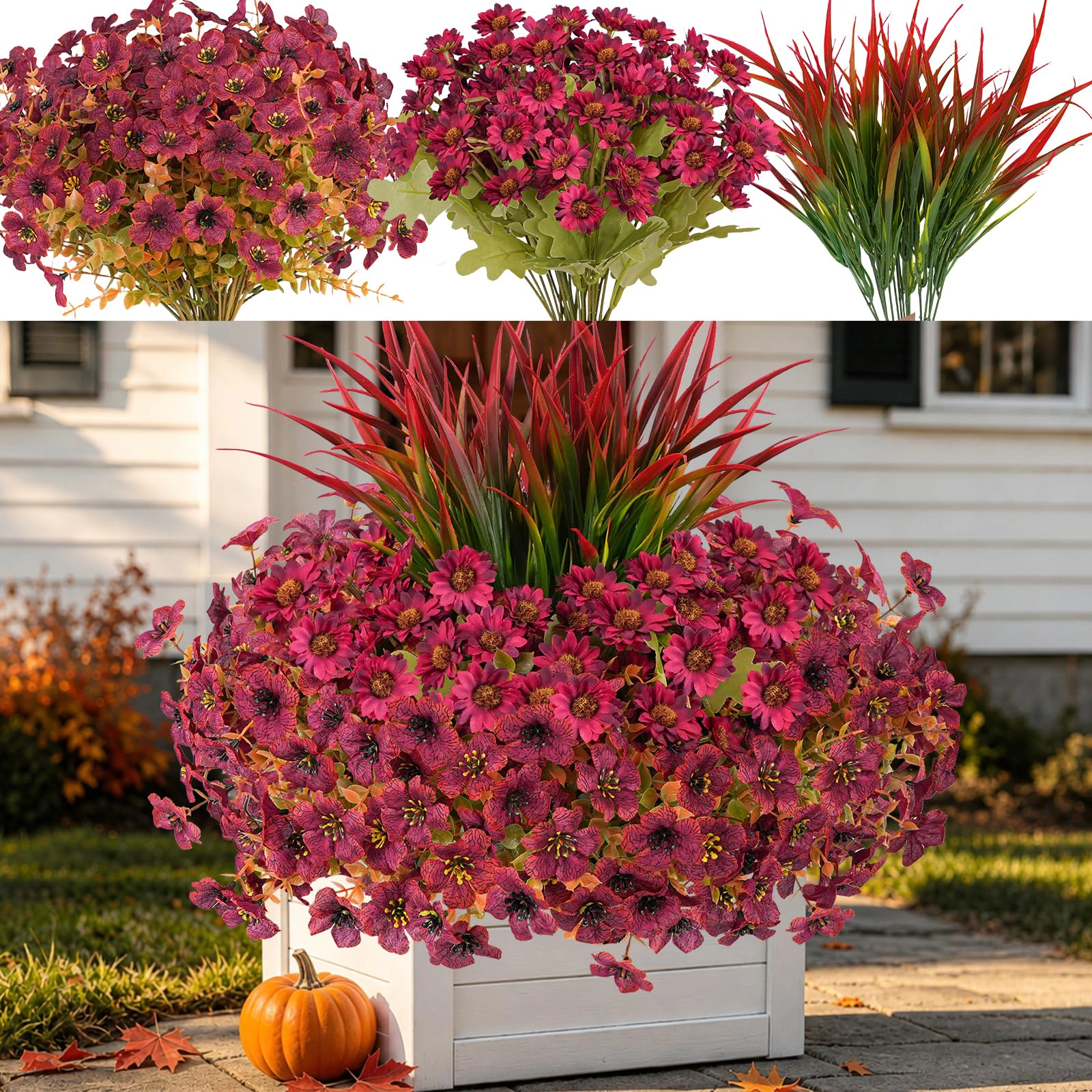 PUPWE 18 Artificial Fall Flowers For Outdoor  Uv Resistant Mums & Grass