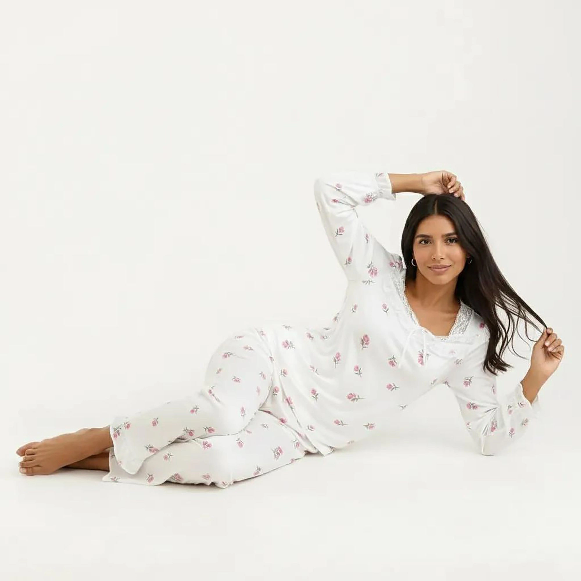 Anna-Kaci Women's 2-Piece Pajama Top with Lace Trim Tie Neck Detail and Relaxed Fit Pants Printed Sleepwear Set