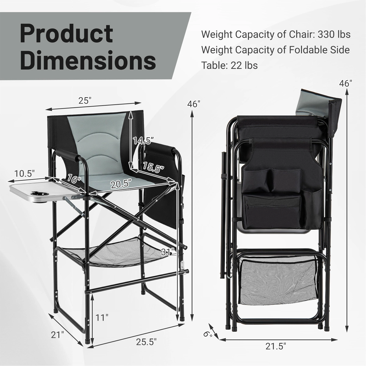 SUGIFT Gray 46-in Tall Folding Directors Chair with Side Table and Footrest 25.5-in W 21-in D 330-lb Seat Capacity