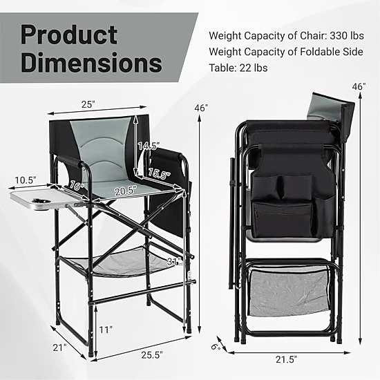 SUGIFT Gray 46-in Tall Folding Directors Chair with Side Table and Footrest 25.5-in W 21-in D 330-lb Seat Capacity