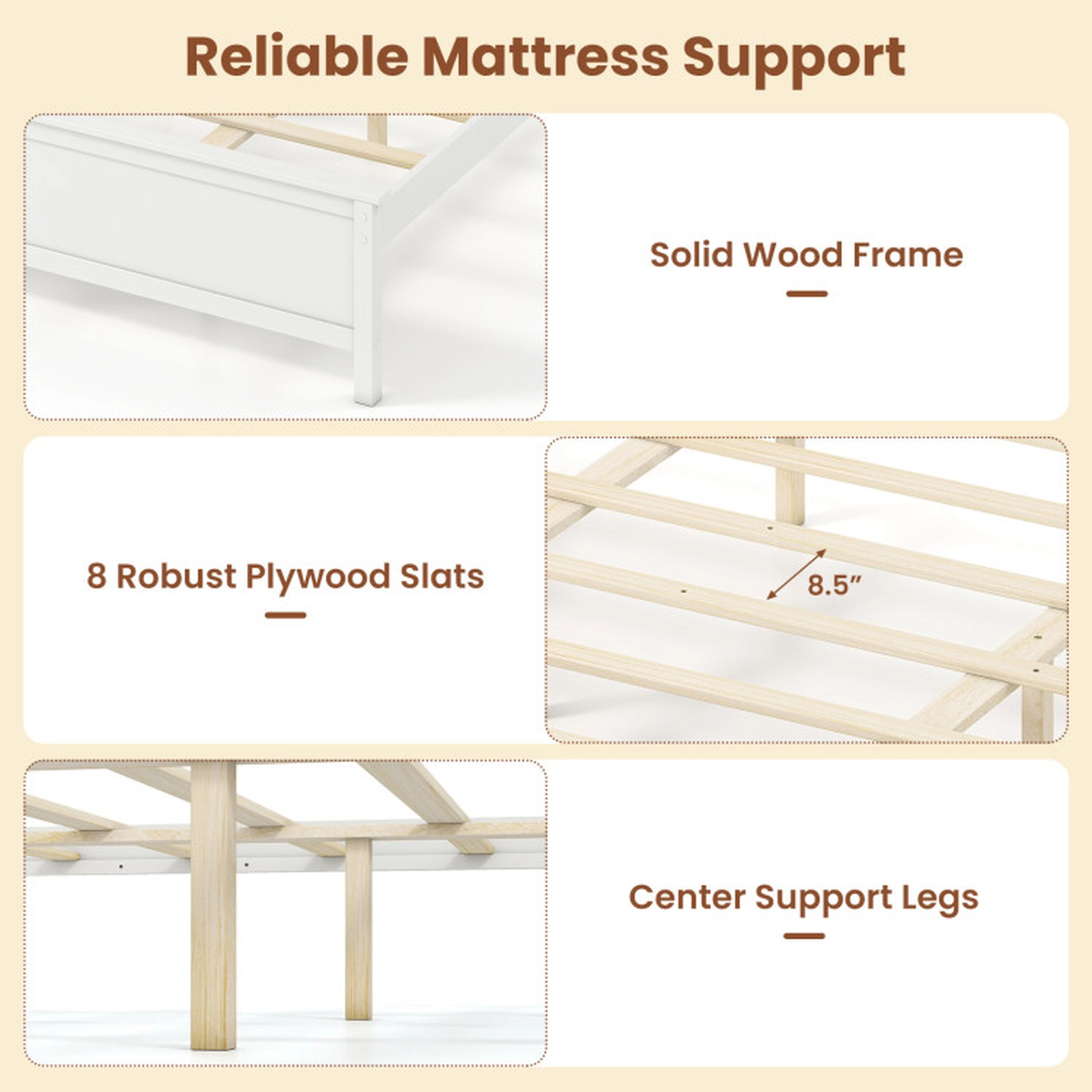 SUGIFT Queen Size Solid Pine Wood Panel Headboard Platform Bed Frame 84-in x 64.5-in x 39-in 440-lb Capacity White