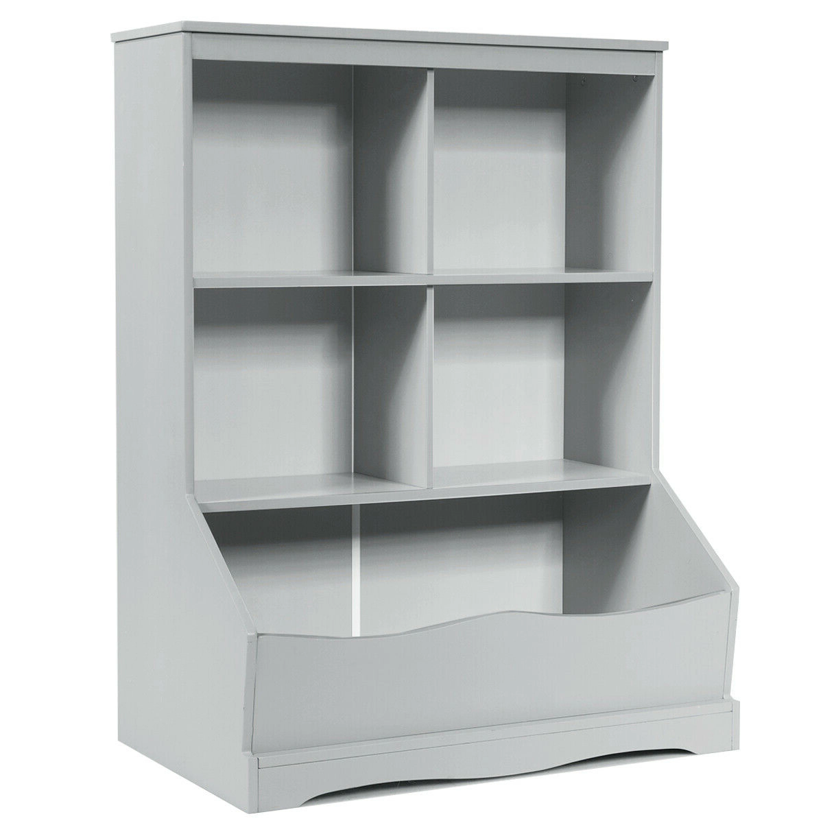 SUGIFT Kids 3-Tier 4 Compartments Storage Bin Anti-Tip Wooden Bookcase 26.5-in x 16-in x 34.5-in 66-lb Top Gray