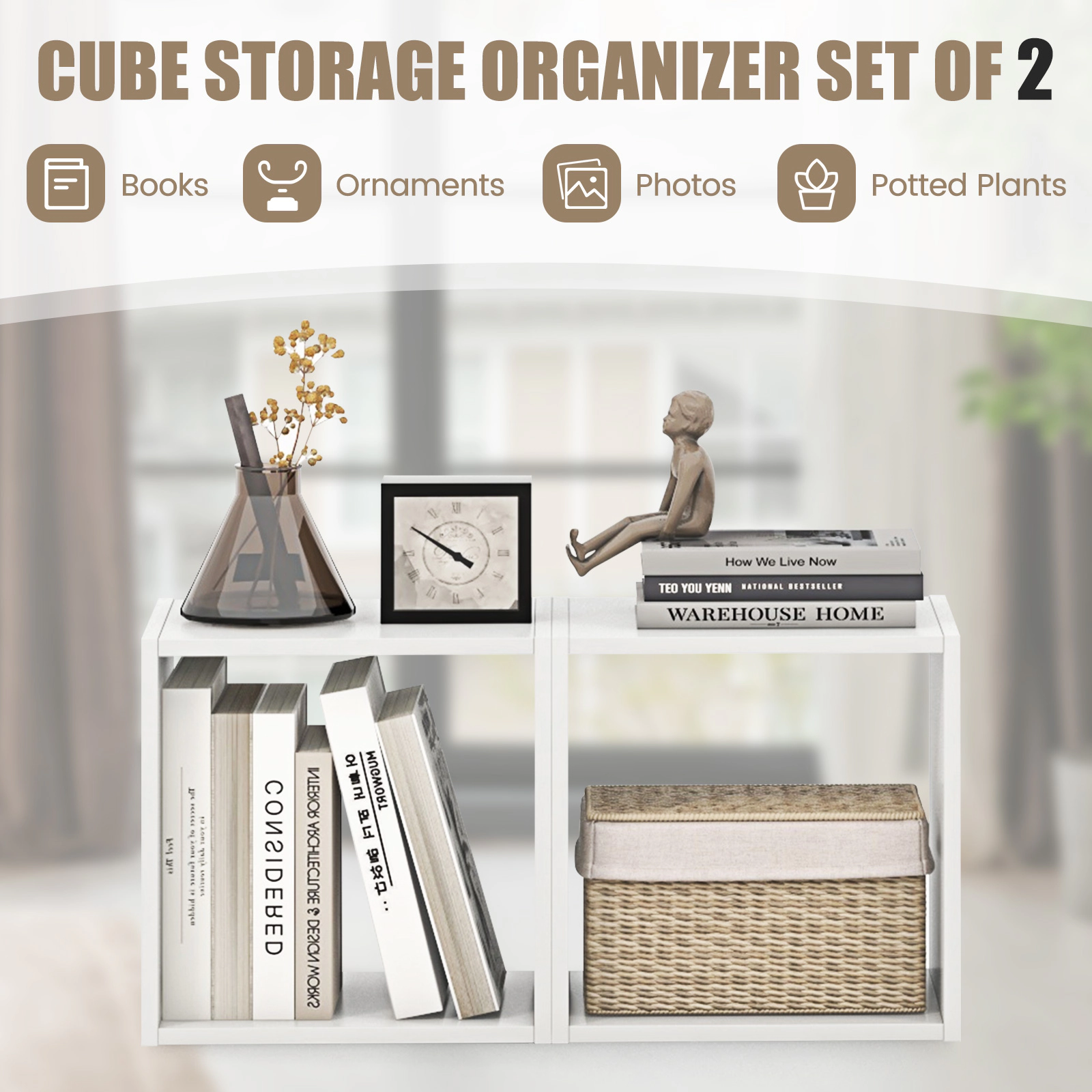 SUGIFT Cube Storage Organizer Set of 2 White Stackable Wooden Display Cubes
