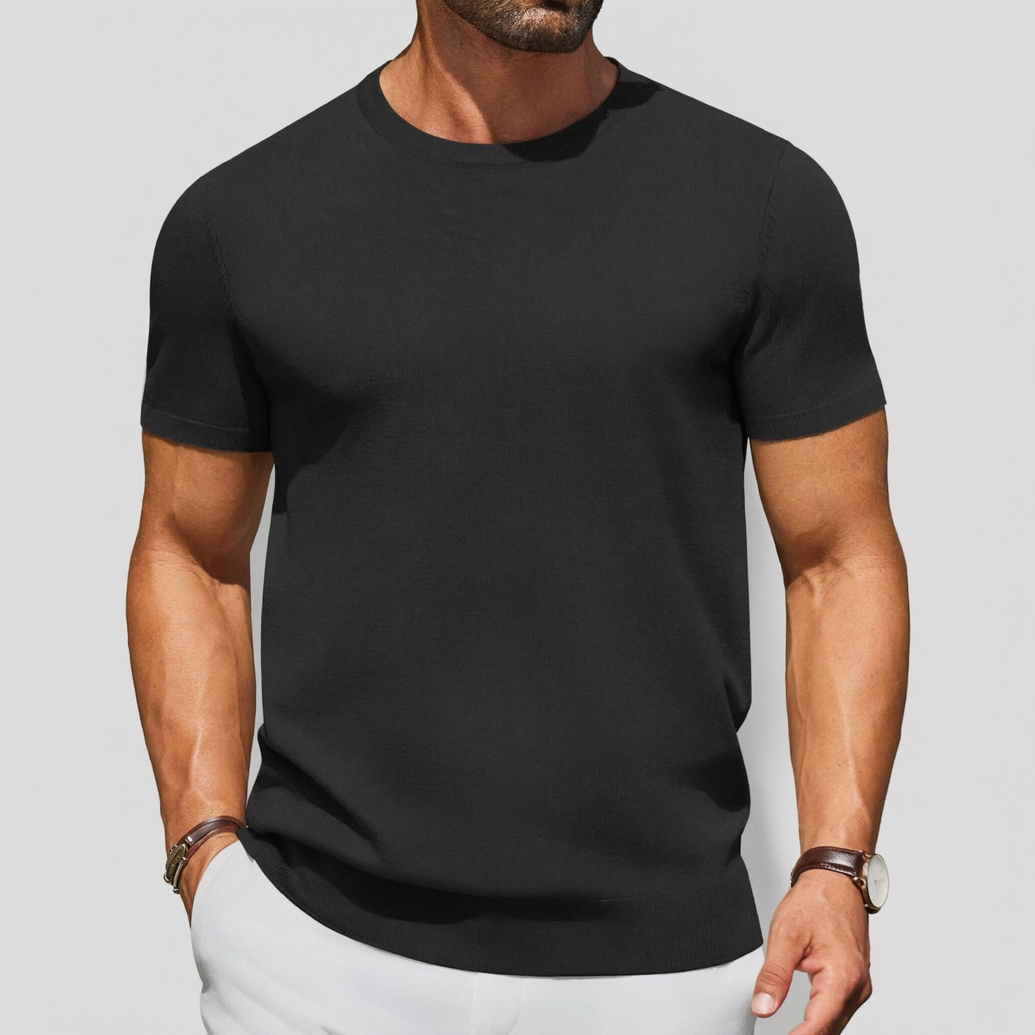 COOFANDY Mens Solid Short Sleeve Knit Tee Crew Neck Ribbed Trim Casual  Tops