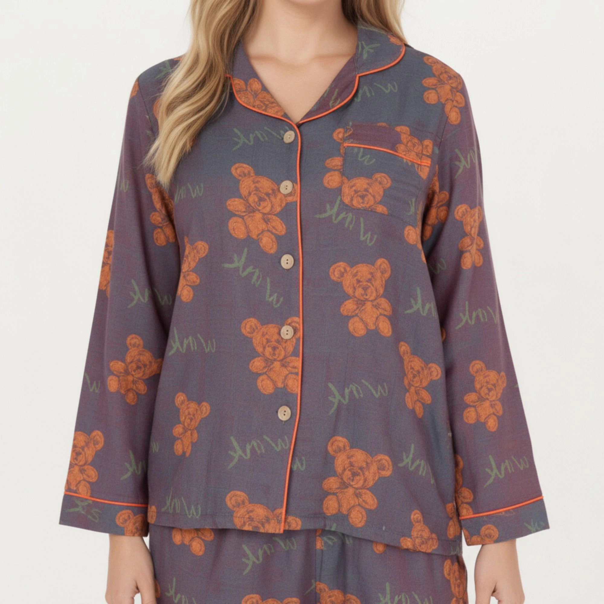 Anna-Kaci Women's 2-Piece Teddy Bear Print Button Up Long Sleeve Pajama Top and Relaxed Fit Pants